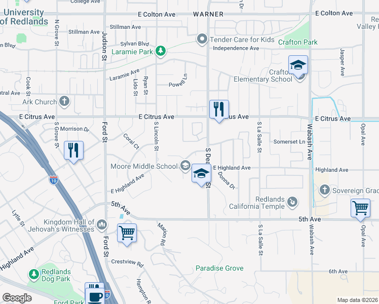 map of restaurants, bars, coffee shops, grocery stores, and more near 1563 Gary Lane in Redlands