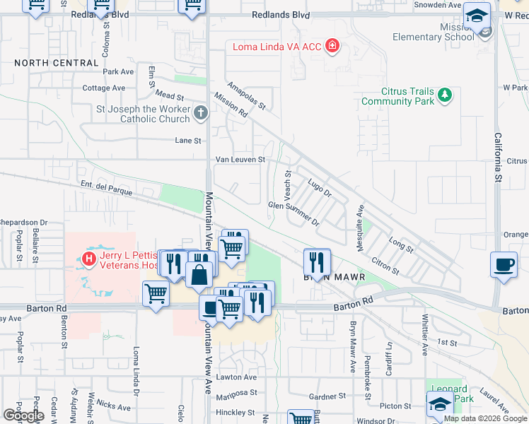 map of restaurants, bars, coffee shops, grocery stores, and more near 11044 Ragsdale Road in Loma Linda