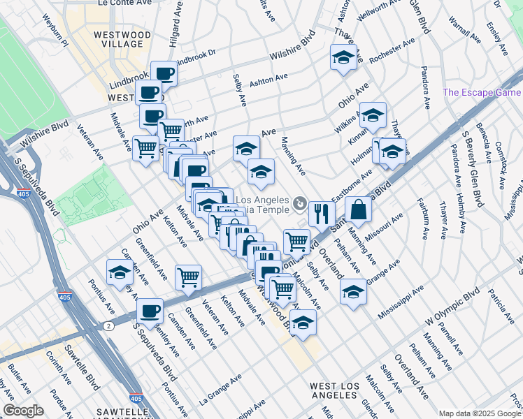 map of restaurants, bars, coffee shops, grocery stores, and more near 10755 Massachusetts Avenue in Los Angeles