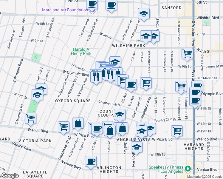 map of restaurants, bars, coffee shops, grocery stores, and more near 1022 South Norton Avenue in Los Angeles