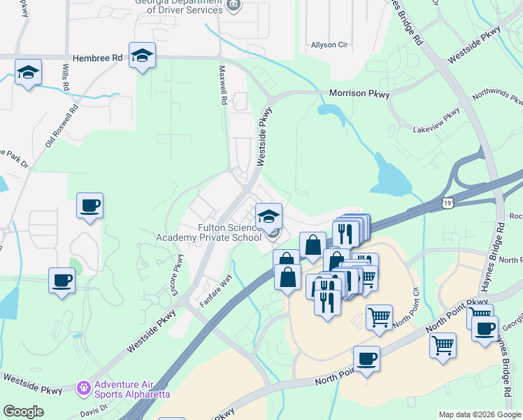map of restaurants, bars, coffee shops, grocery stores, and more near 1856 Adagio Drive in Alpharetta