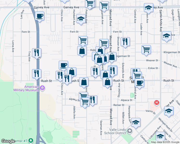 map of restaurants, bars, coffee shops, grocery stores, and more near 2112 Potrero Avenue in South El Monte