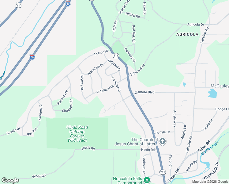 map of restaurants, bars, coffee shops, grocery stores, and more near 2408 Lookout Street in Gadsden