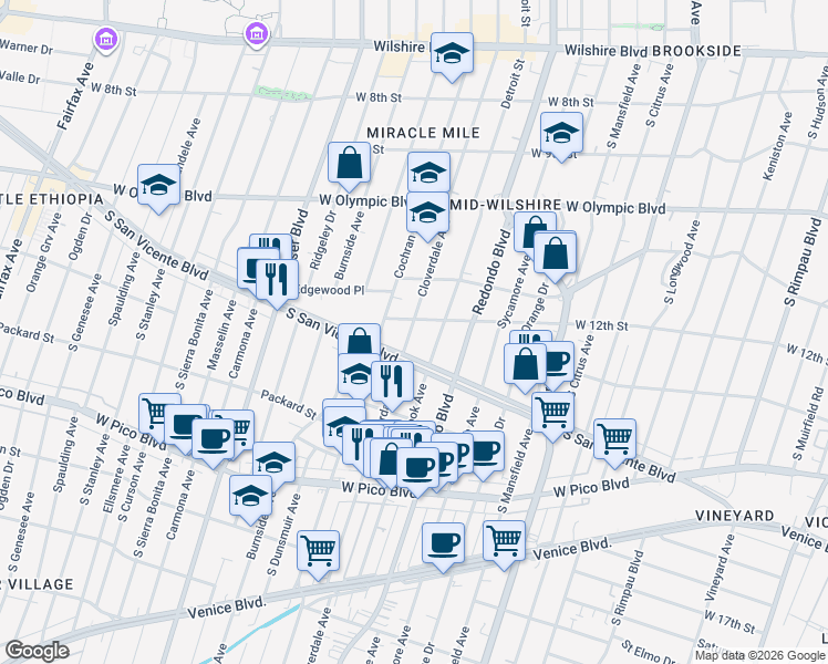 map of restaurants, bars, coffee shops, grocery stores, and more near 1212 Cloverdale Avenue in Los Angeles