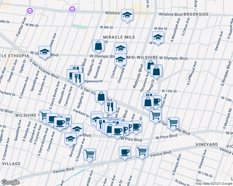 map of restaurants, bars, coffee shops, grocery stores, and more near 1212 Cloverdale Avenue in Los Angeles