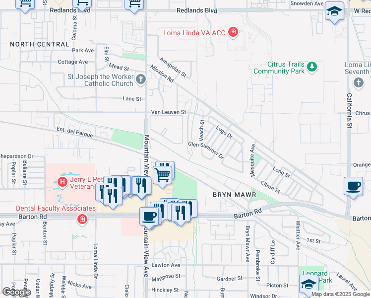 map of restaurants, bars, coffee shops, grocery stores, and more near 11044 Ragsdale Road in Loma Linda