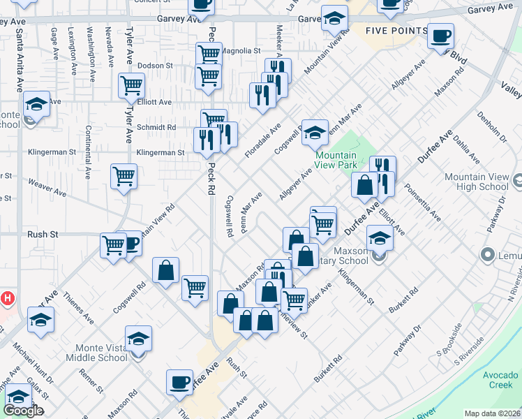 map of restaurants, bars, coffee shops, grocery stores, and more near 6333 Allgeyer Avenue in El Monte