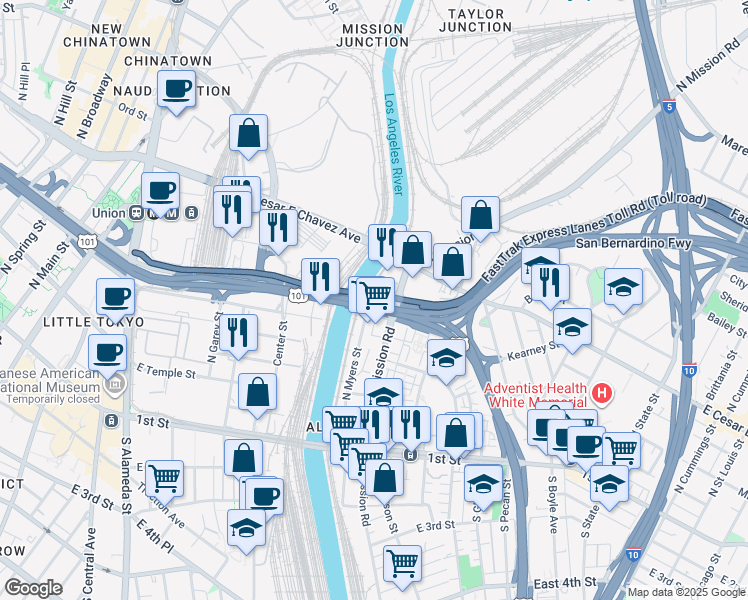 map of restaurants, bars, coffee shops, grocery stores, and more near in Los Angeles