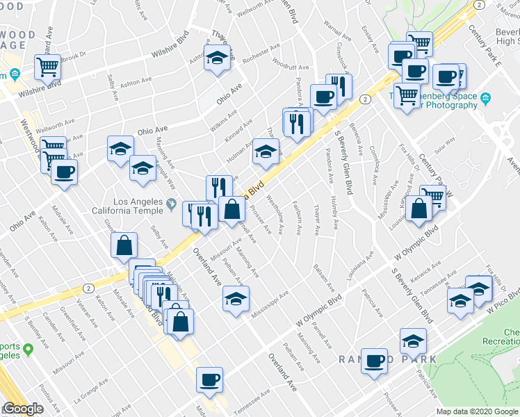 map of restaurants, bars, coffee shops, grocery stores, and more near 1820 Prosser Avenue in Los Angeles