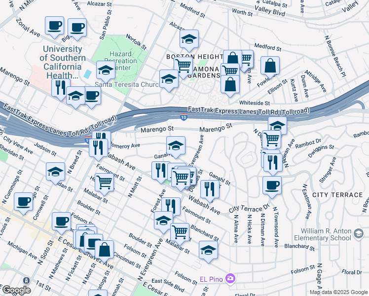 map of restaurants, bars, coffee shops, grocery stores, and more near 2736 Pomeroy Avenue in Los Angeles