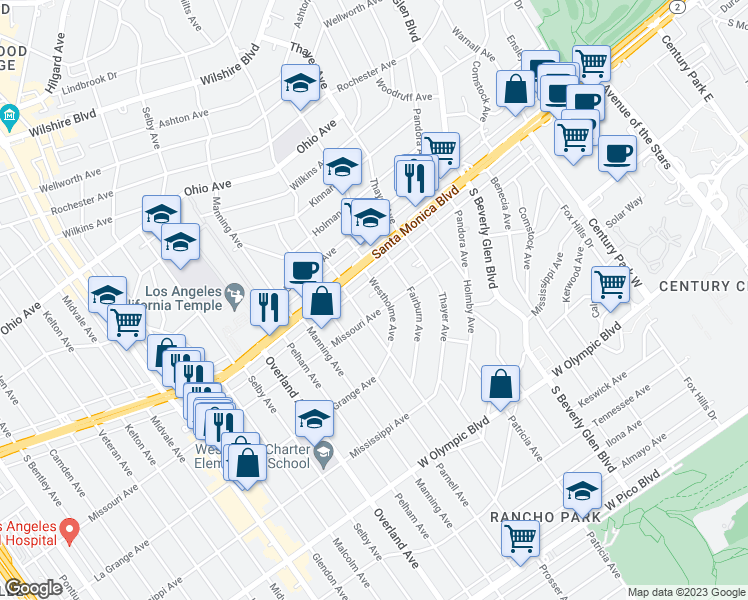 map of restaurants, bars, coffee shops, grocery stores, and more near 1833 Westholme Avenue in Los Angeles