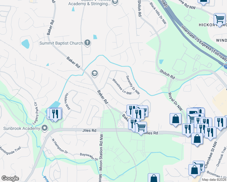 map of restaurants, bars, coffee shops, grocery stores, and more near 2114 Serenity Drive Northwest in Acworth