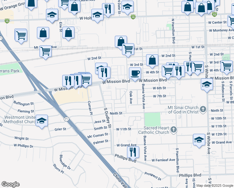 map of restaurants, bars, coffee shops, grocery stores, and more near 1401 West 9th Street in Pomona