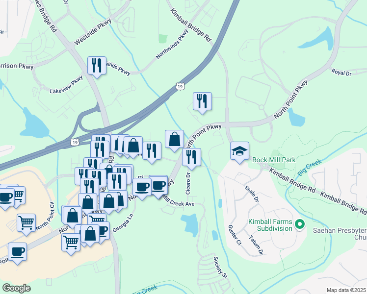 map of restaurants, bars, coffee shops, grocery stores, and more near 5775 North Point Parkway in Alpharetta