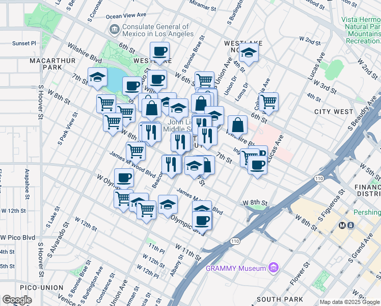 map of restaurants, bars, coffee shops, grocery stores, and more near 729 South Union Avenue in Los Angeles