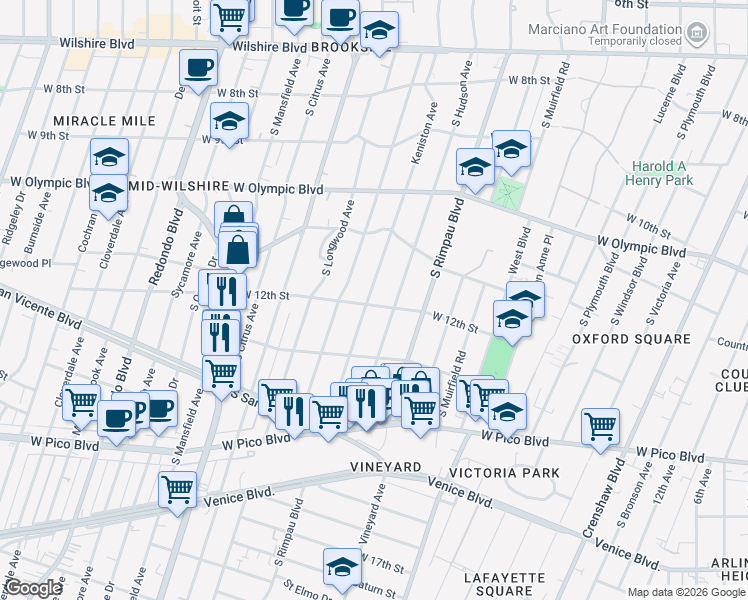 map of restaurants, bars, coffee shops, grocery stores, and more near 1188 Keniston Avenue in Los Angeles