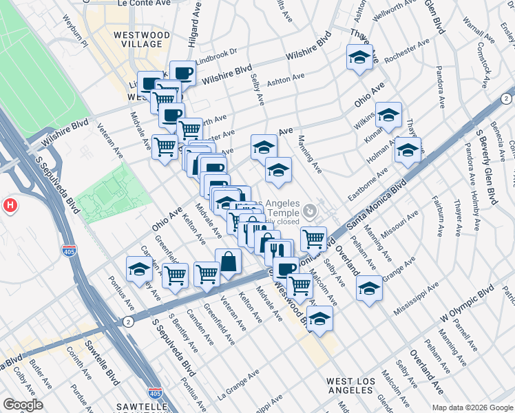 map of restaurants, bars, coffee shops, grocery stores, and more near 1637 Malcolm Avenue in Los Angeles