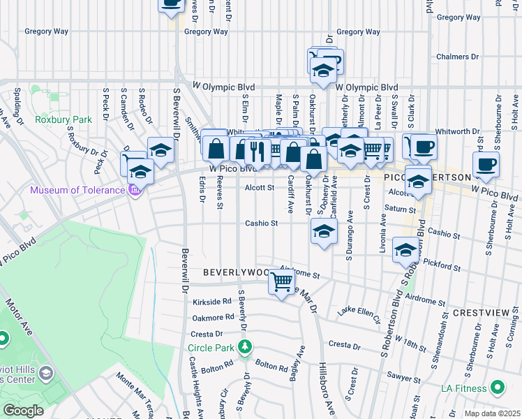 map of restaurants, bars, coffee shops, grocery stores, and more near 1470 Rexford Drive in Los Angeles
