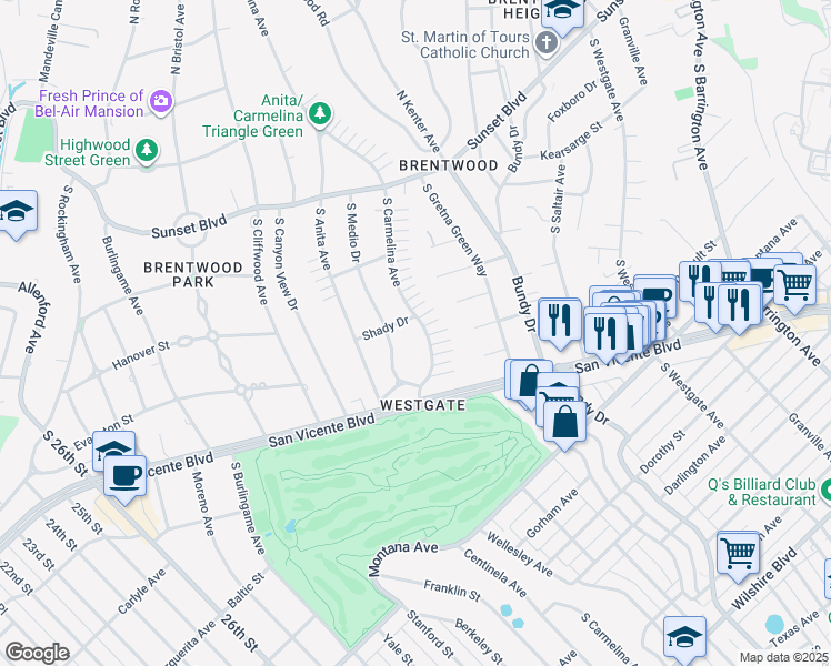 map of restaurants, bars, coffee shops, grocery stores, and more near 323 South Carmelina Avenue in Los Angeles