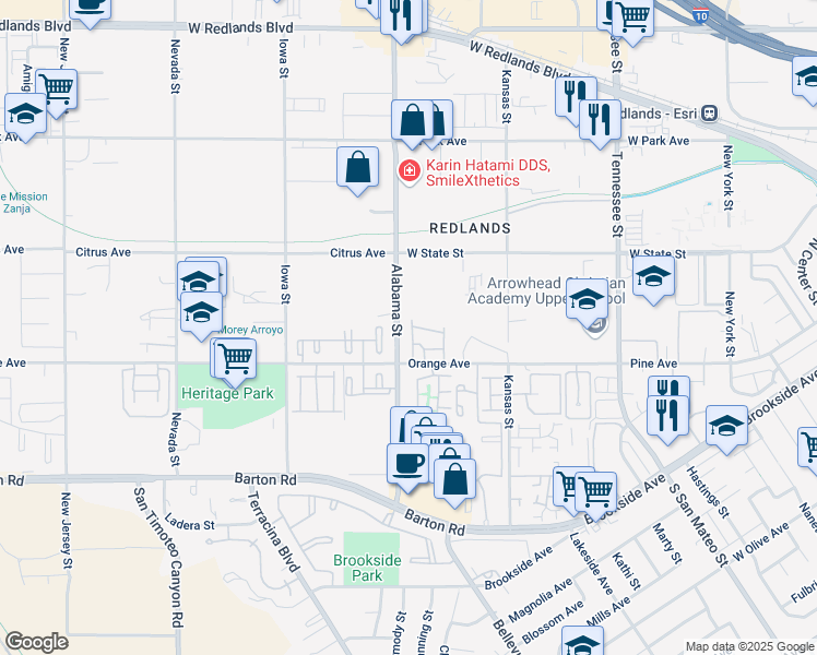 map of restaurants, bars, coffee shops, grocery stores, and more near in Redlands