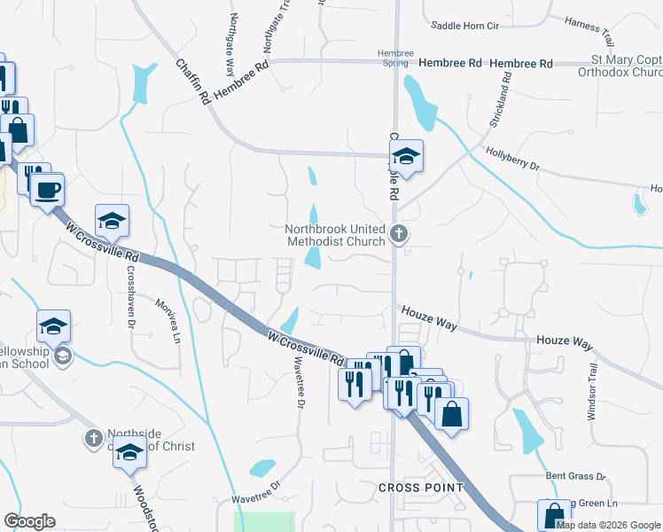 map of restaurants, bars, coffee shops, grocery stores, and more near 1145 Hidden Pond Lane in Roswell
