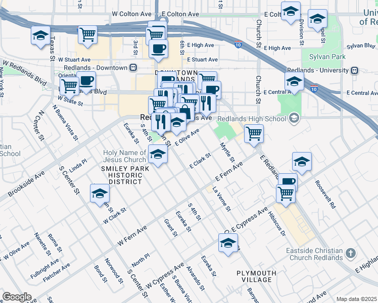 map of restaurants, bars, coffee shops, grocery stores, and more near 226 Nordina Street in Redlands