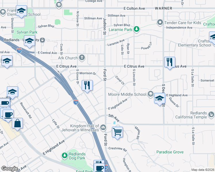 map of restaurants, bars, coffee shops, grocery stores, and more near 115 Ford Street in Redlands