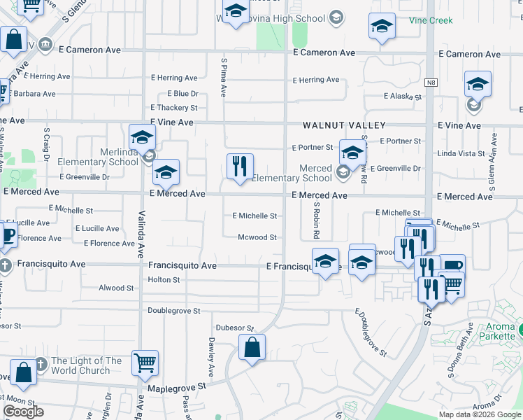 map of restaurants, bars, coffee shops, grocery stores, and more near 1325 East Michelle Street in West Covina