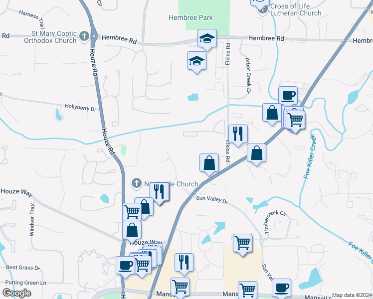 map of restaurants, bars, coffee shops, grocery stores, and more near 555 Sun Valley Drive in Roswell