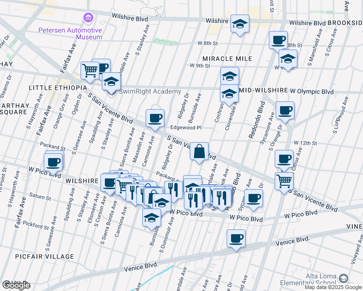 map of restaurants, bars, coffee shops, grocery stores, and more near 1201 Burnside Avenue in Los Angeles