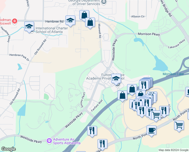 map of restaurants, bars, coffee shops, grocery stores, and more near 415 Baroque Drive in Alpharetta