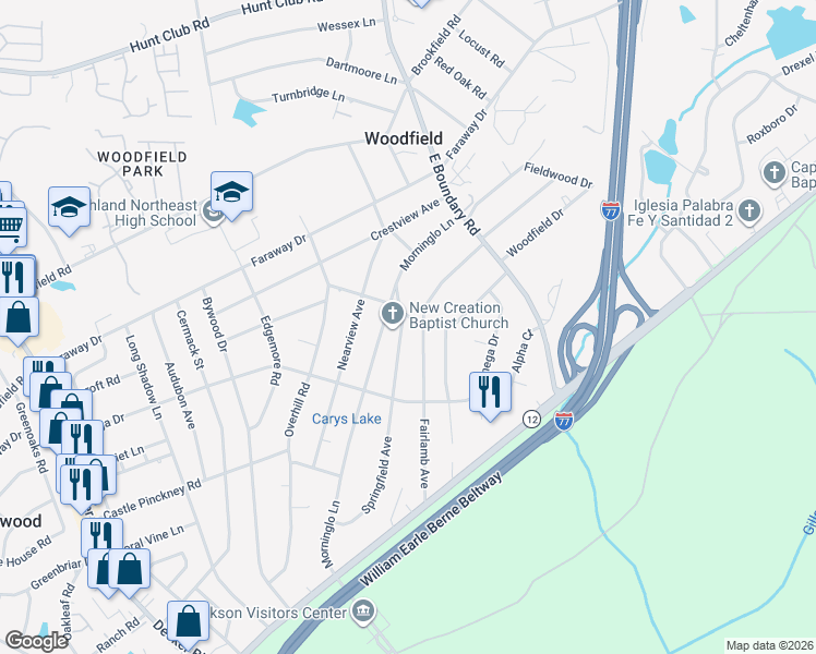 map of restaurants, bars, coffee shops, grocery stores, and more near 1834 Springfield Avenue in Columbia