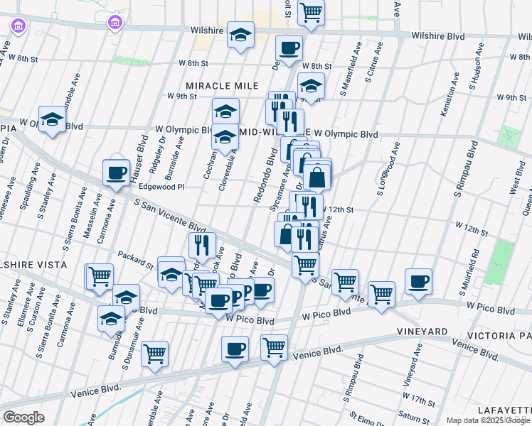 map of restaurants, bars, coffee shops, grocery stores, and more near 1207 South Sycamore Avenue in Los Angeles