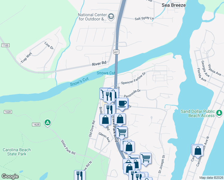map of restaurants, bars, coffee shops, grocery stores, and more near 609 Spencer-Farlow Drive in Carolina Beach