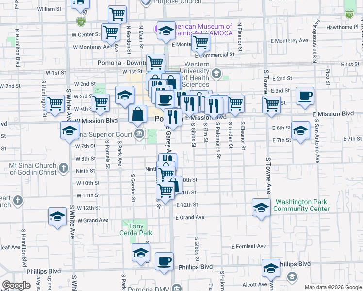 map of restaurants, bars, coffee shops, grocery stores, and more near 200 East 7th Street in Pomona
