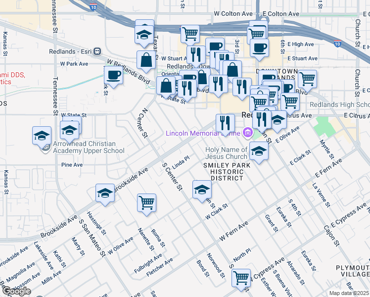 map of restaurants, bars, coffee shops, grocery stores, and more near 523 Brookside Avenue in Redlands