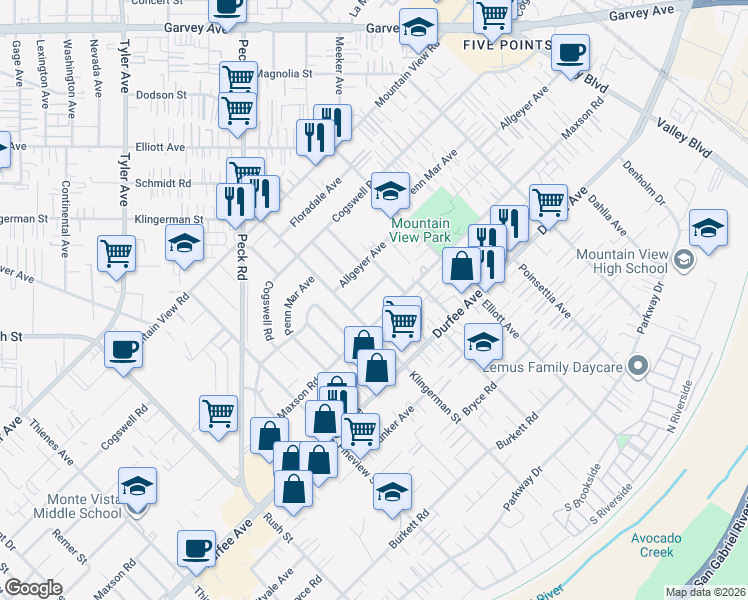map of restaurants, bars, coffee shops, grocery stores, and more near 2426 Leafdale Avenue in El Monte