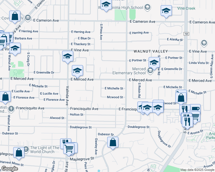 map of restaurants, bars, coffee shops, grocery stores, and more near 1237 East Michelle Street in West Covina