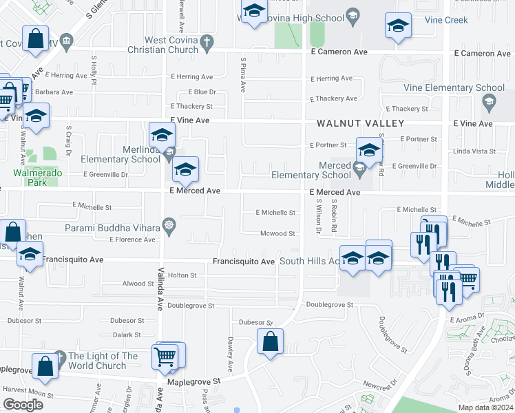 map of restaurants, bars, coffee shops, grocery stores, and more near 1237 E Michelle St in West Covina