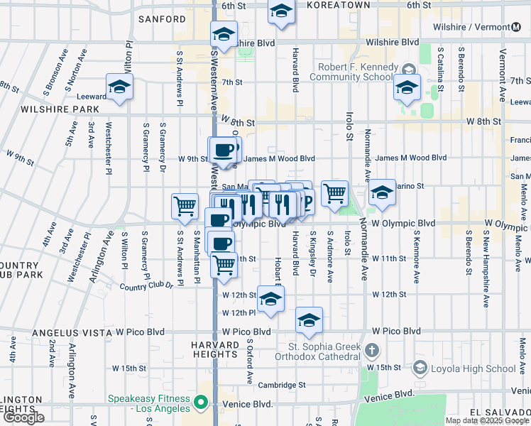 map of restaurants, bars, coffee shops, grocery stores, and more near 980 South Hobart Boulevard in Los Angeles