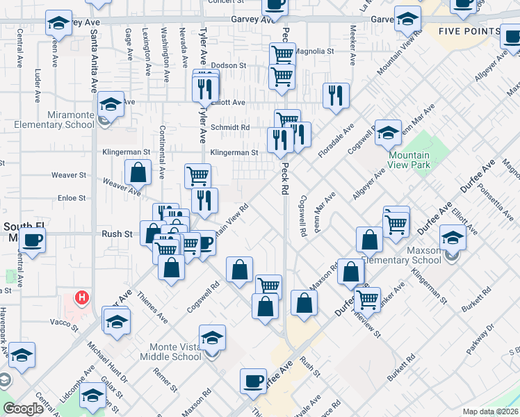 map of restaurants, bars, coffee shops, grocery stores, and more near 11221 Fineview Street in El Monte