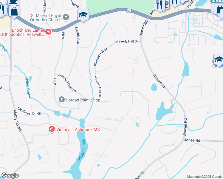 map of restaurants, bars, coffee shops, grocery stores, and more near 525 Autumn Wood Close in Roswell