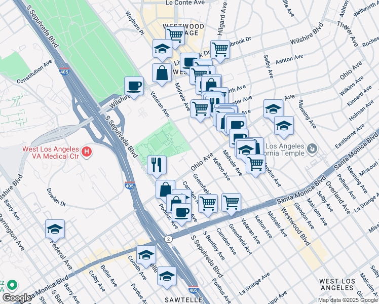 map of restaurants, bars, coffee shops, grocery stores, and more near 1417 Veteran Ave in Los Angeles