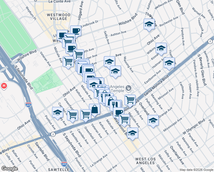 map of restaurants, bars, coffee shops, grocery stores, and more near 1637 Malcolm Avenue in Los Angeles