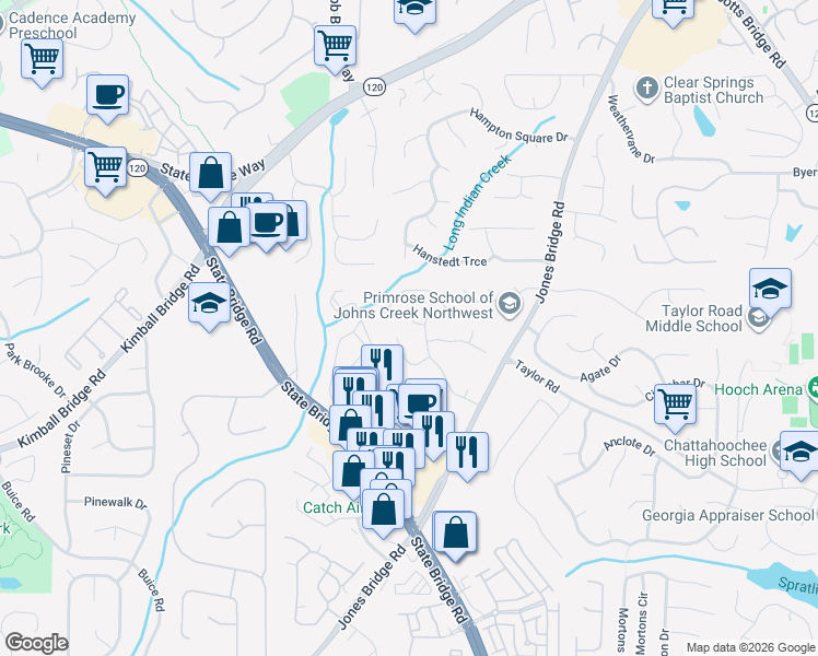map of restaurants, bars, coffee shops, grocery stores, and more near 155 Arborfield Way in Alpharetta