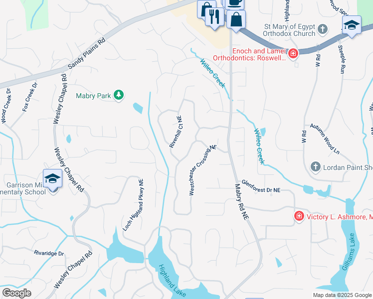 map of restaurants, bars, coffee shops, grocery stores, and more near 4116 Westchester Crossing Northeast in Roswell
