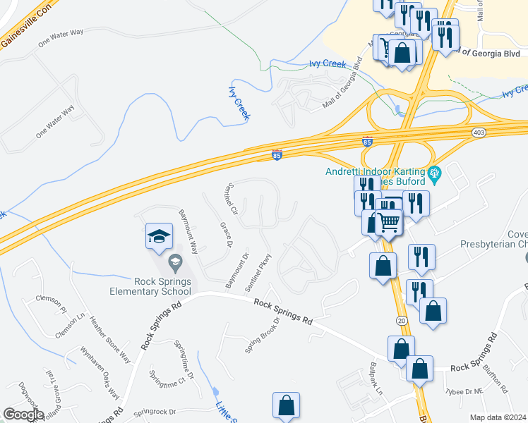map of restaurants, bars, coffee shops, grocery stores, and more near 3115 Sentinel Parkway in Lawrenceville