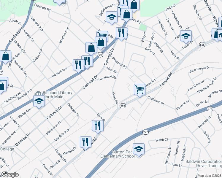 map of restaurants, bars, coffee shops, grocery stores, and more near 5723 Koon Road in Columbia
