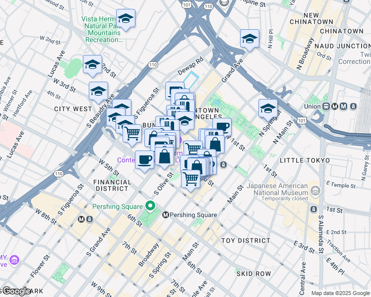 map of restaurants, bars, coffee shops, grocery stores, and more near 220s South Olive Street in Los Angeles