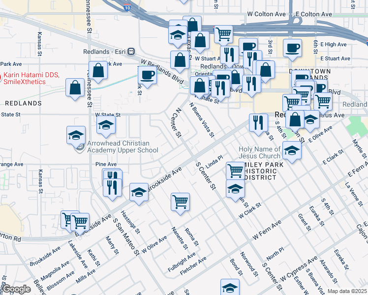 map of restaurants, bars, coffee shops, grocery stores, and more near 15 North Center Street in Redlands